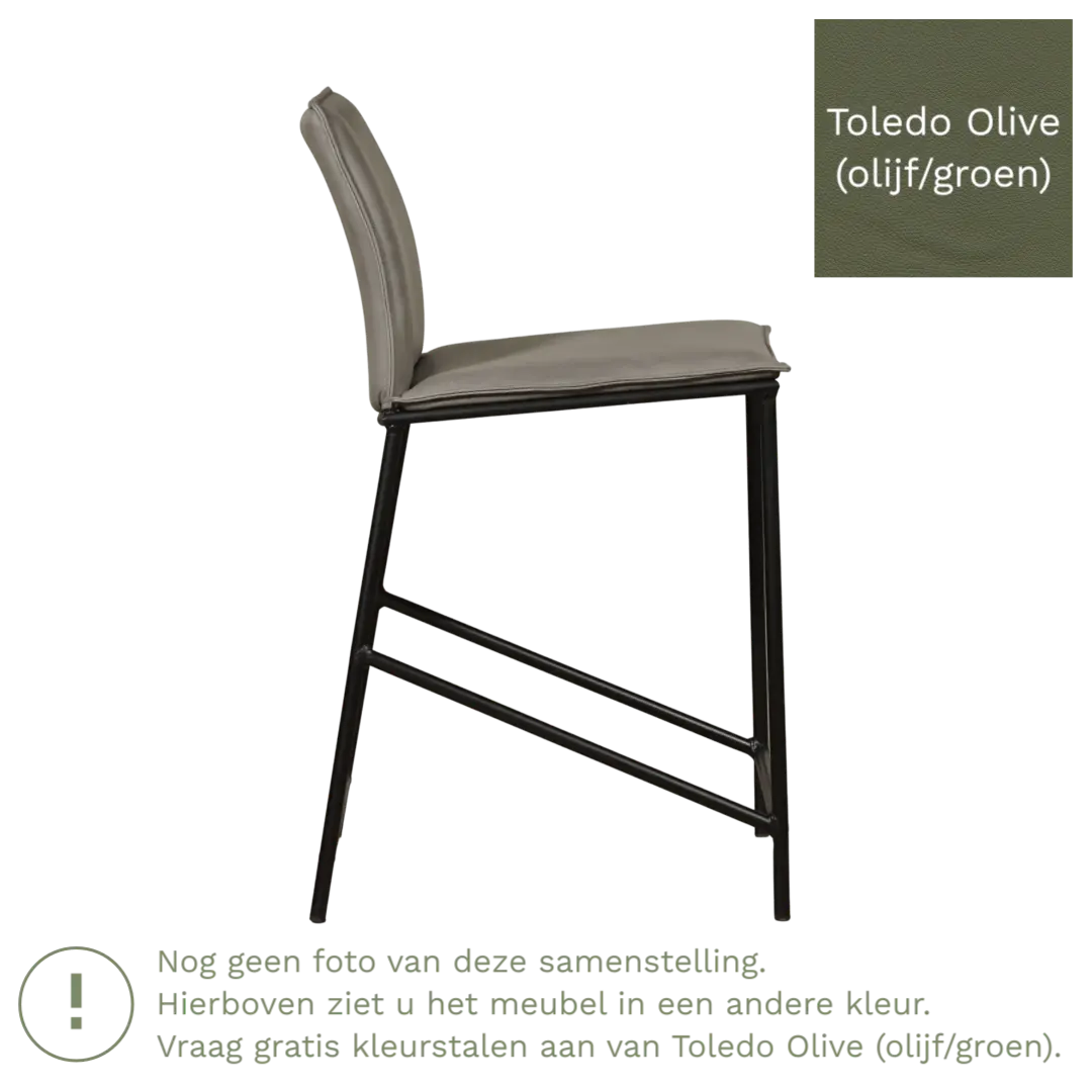 afbeelding van Leren barkruk laag Favor - Toledo Olive (olijf/groen) - poten staal rond zwart